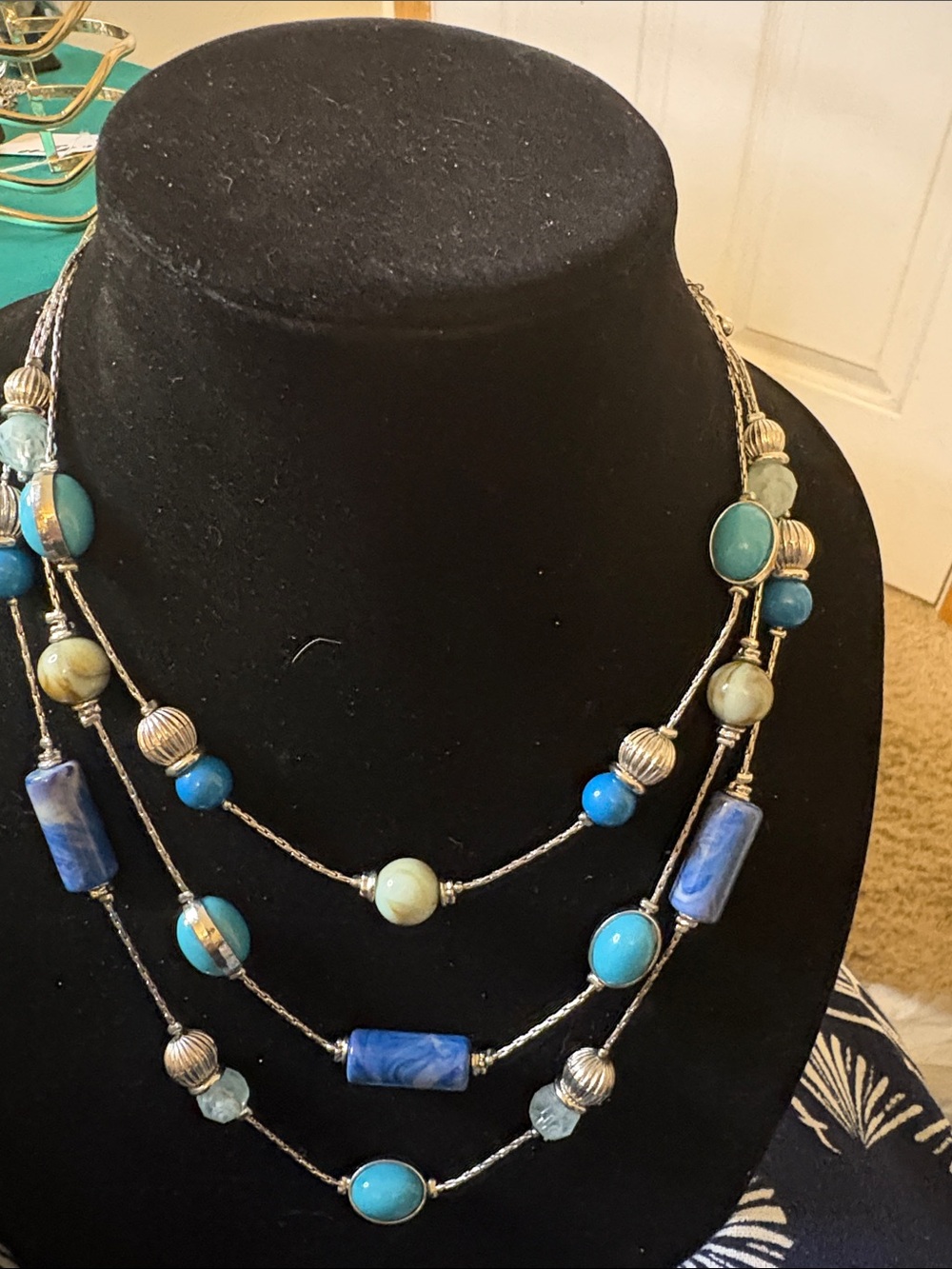 3 strand silver tone blue multi shade necklace